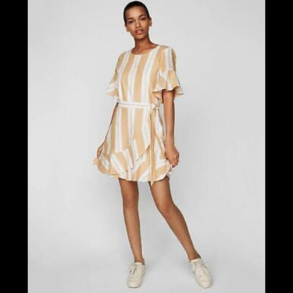 EXPRESS Ruffle Sleeve Stripe Lined Faux Wrap Dress, Size L - Picture 10 of 10